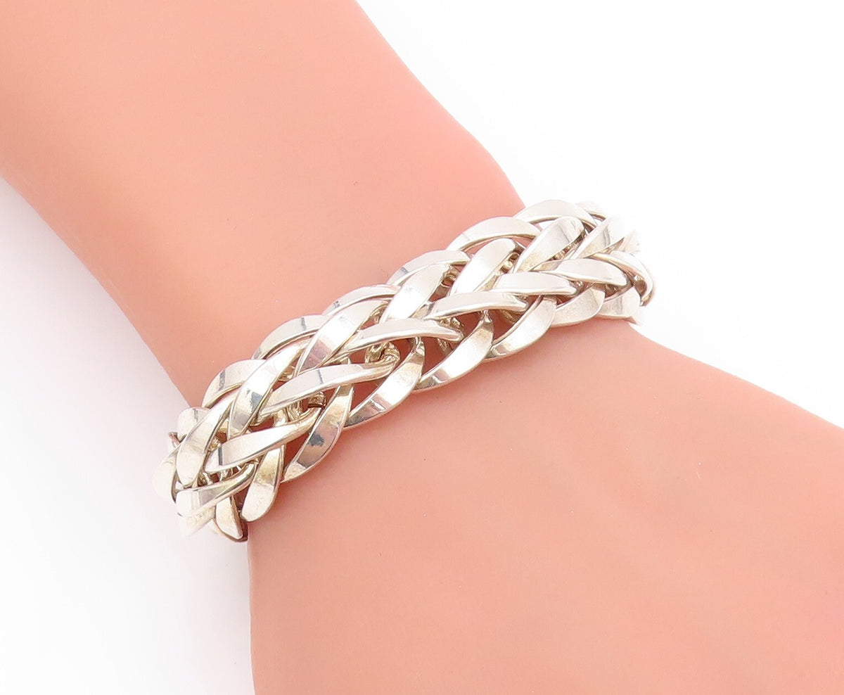 925 Sterling Silver Vintage Bracelet Broad Designer Breaded Band BT11133