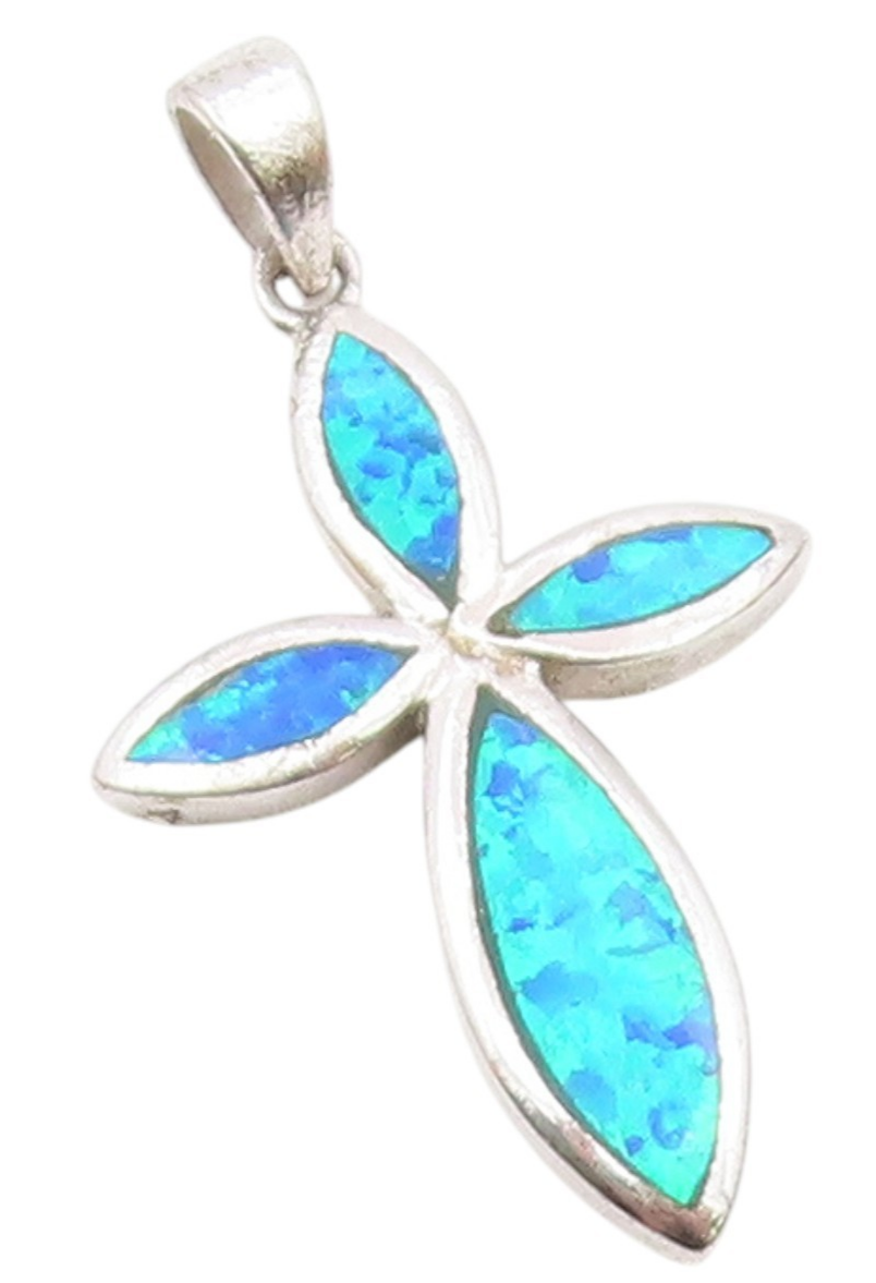 925 Sterling Silver  Vintage Blue Fire Opal Religious Cross Pendant  PT18637
