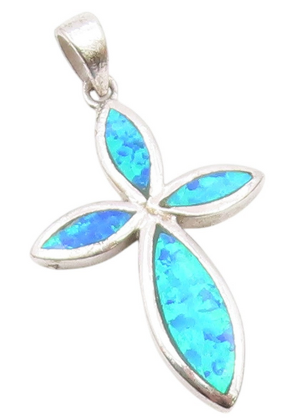 925 Sterling Silver  Vintage Blue Fire Opal Religious Cross Pendant  PT18637