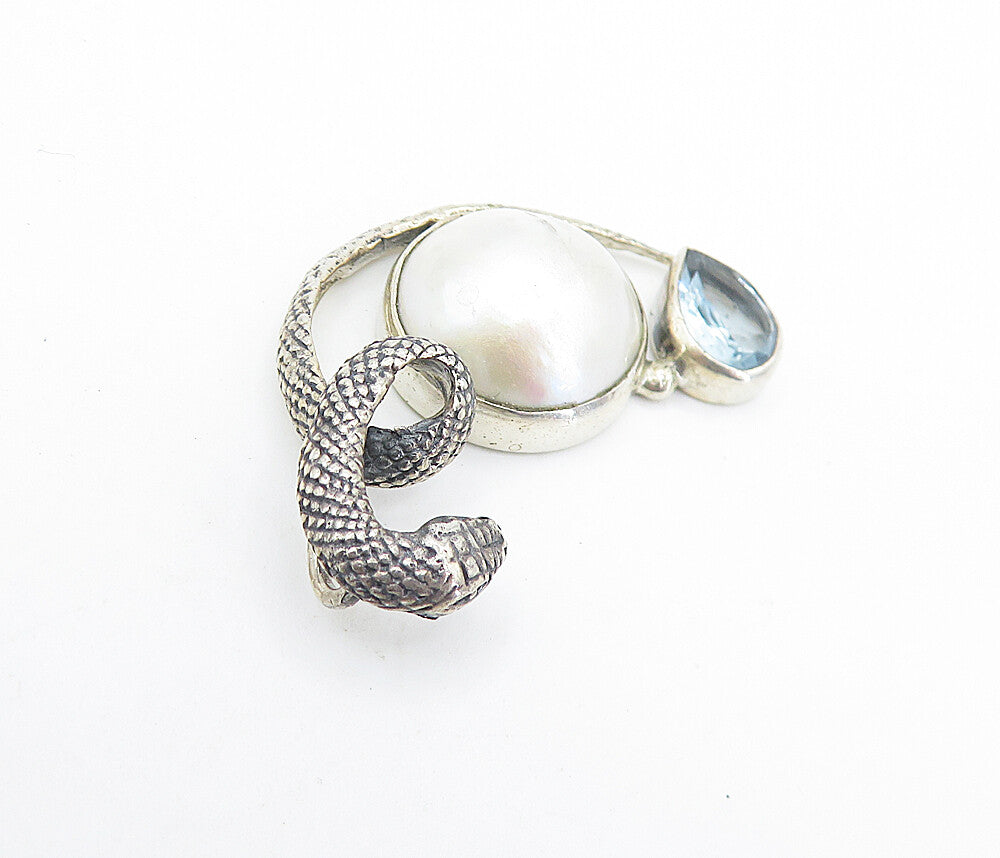 925 Sterling Silver Vintage Pearl Dome & Blue Topaz Snake Pendant PT5775
