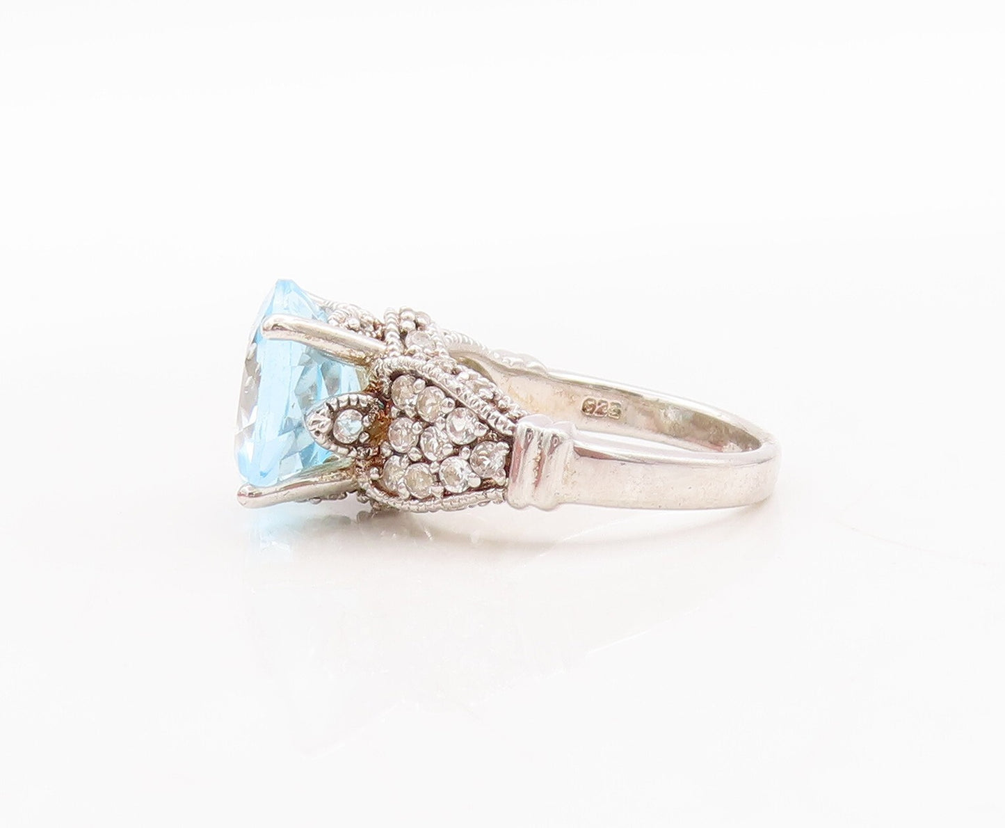 925 Sterling Silver Vintage Ring Floral Carved Blue & White Topaz  Sz 7  RG29648