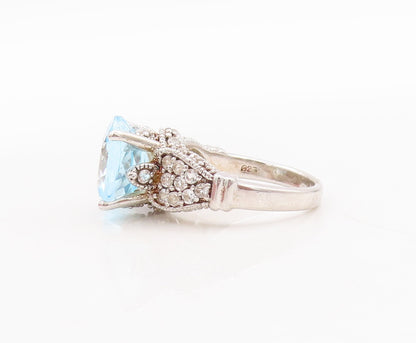 925 Sterling Silver Vintage Ring Floral Carved Blue & White Topaz  Sz 7  RG29648