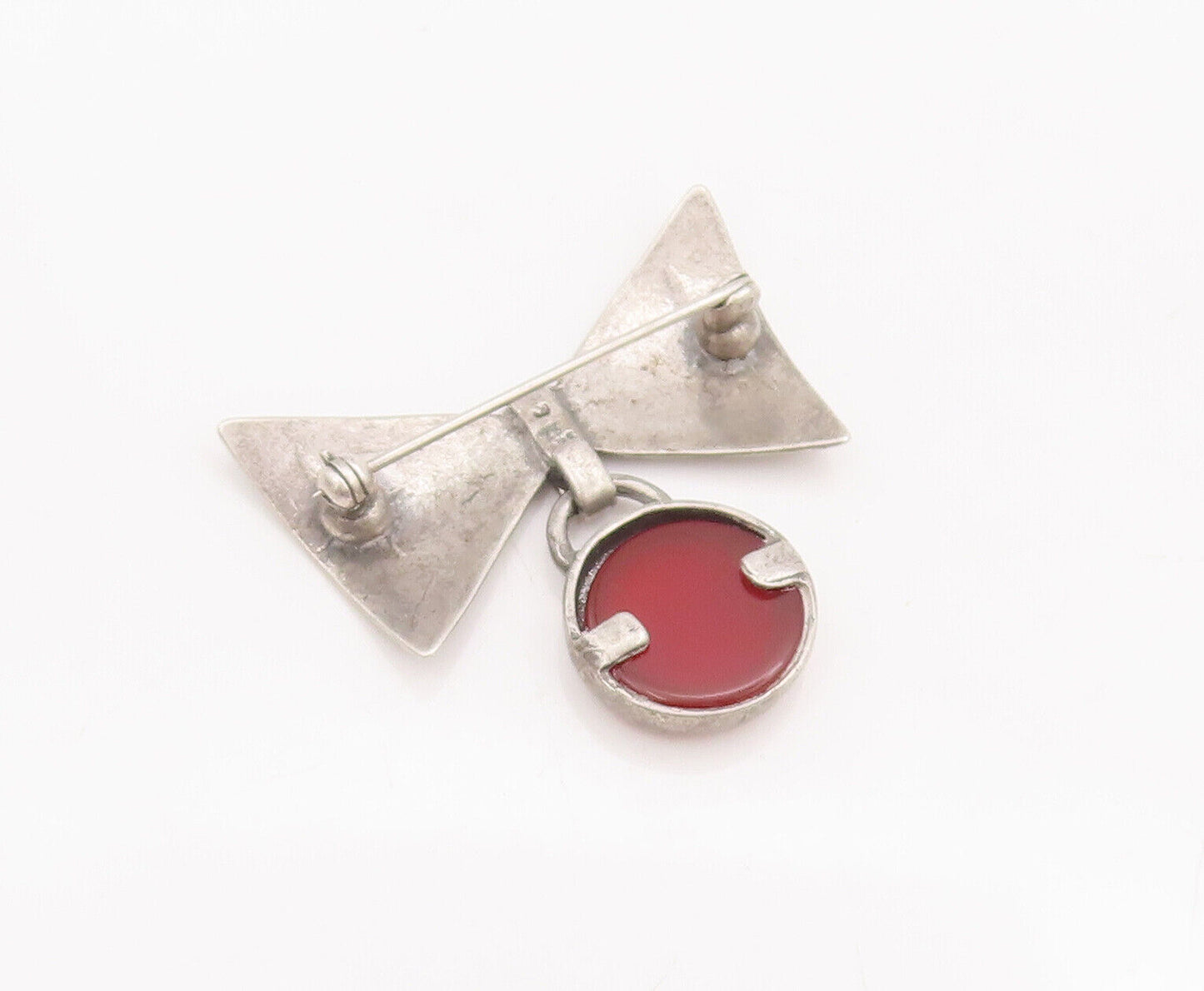 925 Sterling Silver Vintage Brooch Pin Carved Bow Dangling Carnelian  BP10865
