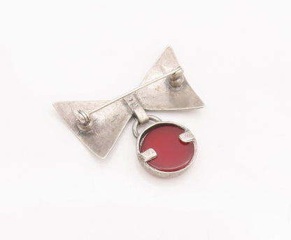 925 Sterling Silver Vintage Brooch Pin Carved Bow Dangling Carnelian  BP10865