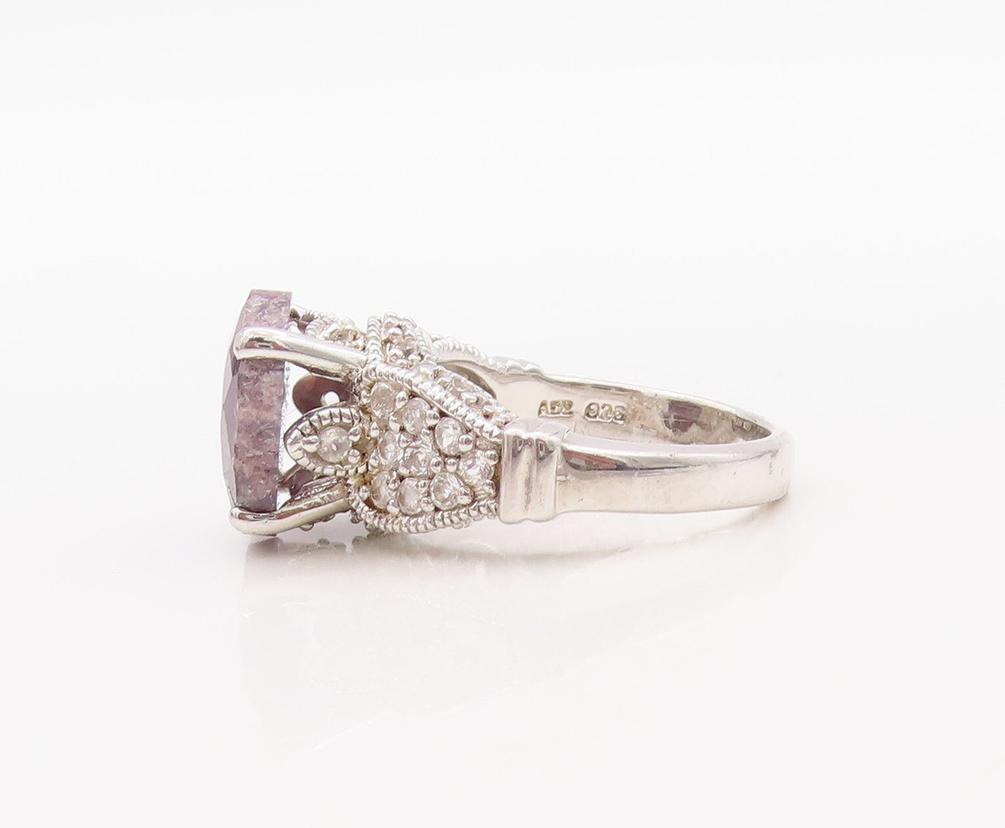 925 Sterling Silver Vintage Ring Round Cut Gemstone Flora Carved CZ Sz 7 RG30829