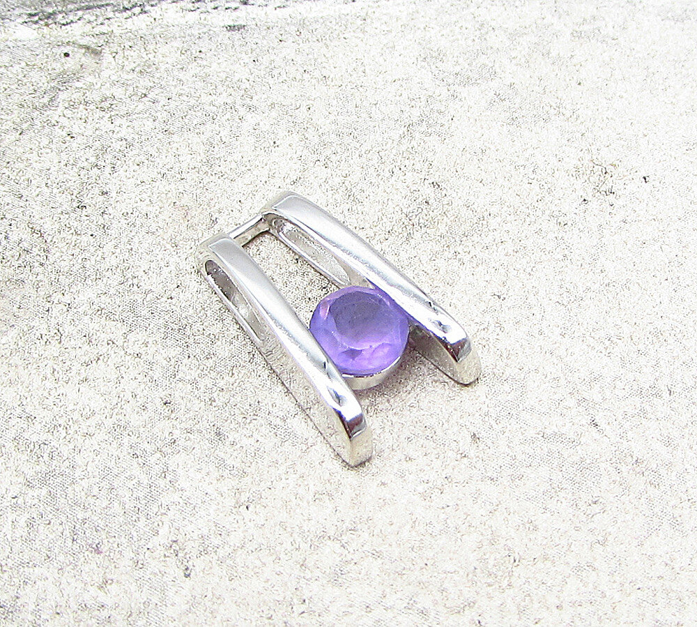 925 Sterling Silver  Round Cut Faceted Amethyst Slider Pendant  PT1492