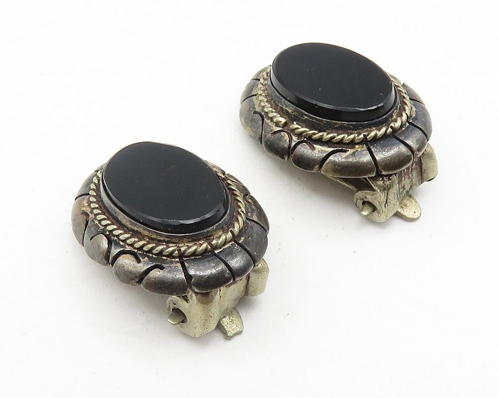 N.C.V. 925 Sterling Silver Vintage Antique Black Onyx Drop Earrings EG5763