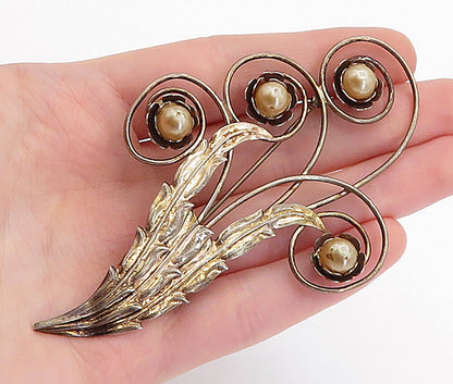 925 Sterling Silver  Vintage Golden Pearls Floral Swirl Brooch Pin  BP1761