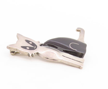 925 Sterling Silver Vintage Brooch Pin MEXICO Onyx Modernist Walking Cat BP12263