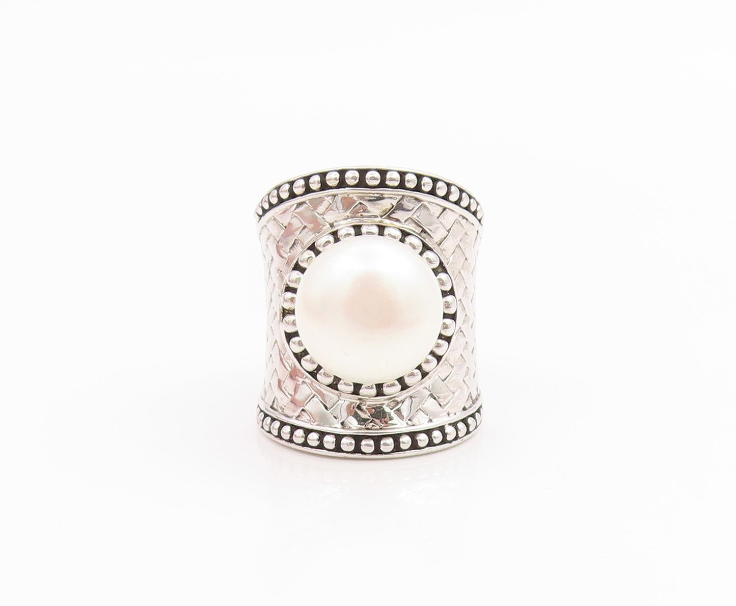 925 Sterling Silver Vintage Ring Round Pearl Wide Textured Band  Sz 7  RG35764