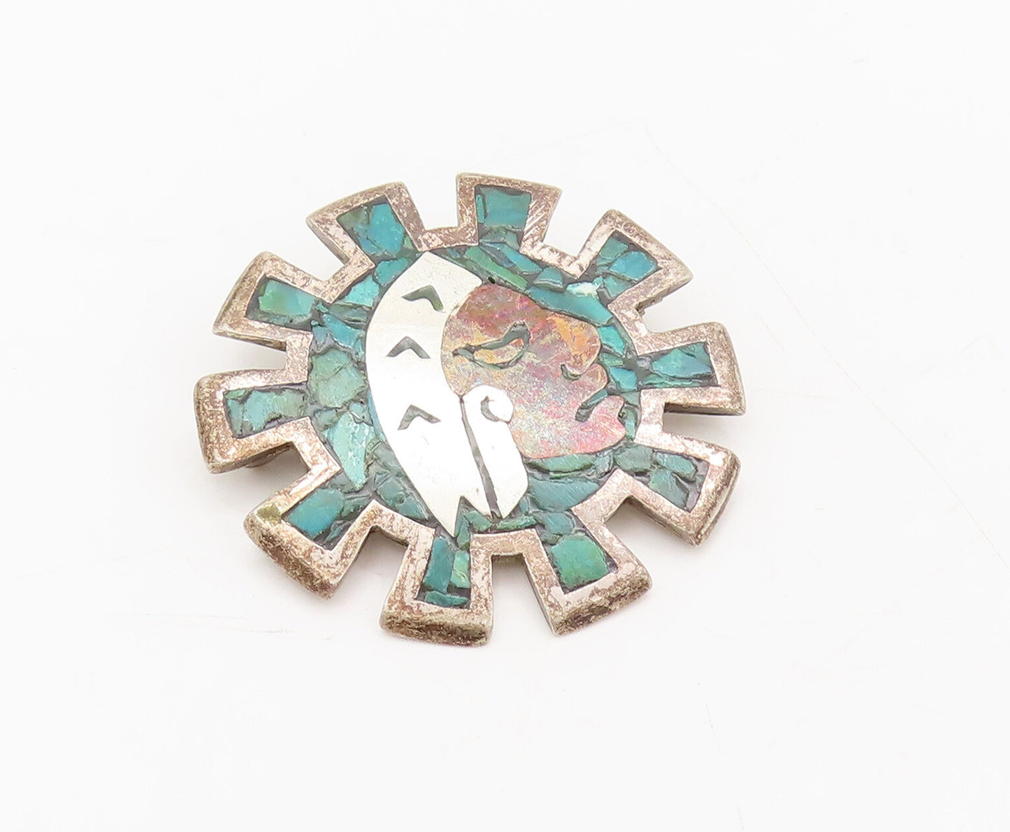 METALES MEXICO 925 Silver  Vintage Crushed Turquoise Carved Brooch Pin BP10483