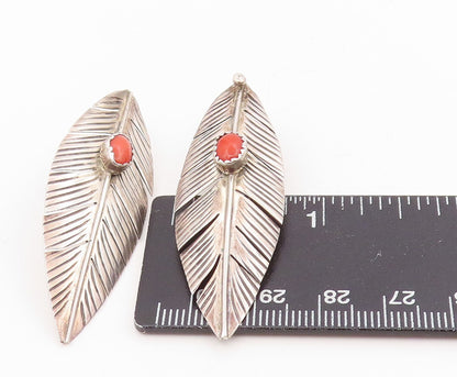 925 Sterling Silver Vintage Earrings Cabochon Carol Etched Feather Drop  EG14008