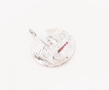 925 Sterling Silver Vintage Pendant Ruby Band Carved NYC Skyline Coin  PT22997