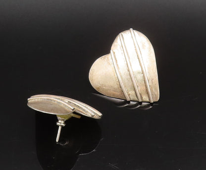 925 Sterling Silver  Vintage 3D Lines With Love Heart Earrings  EG12261