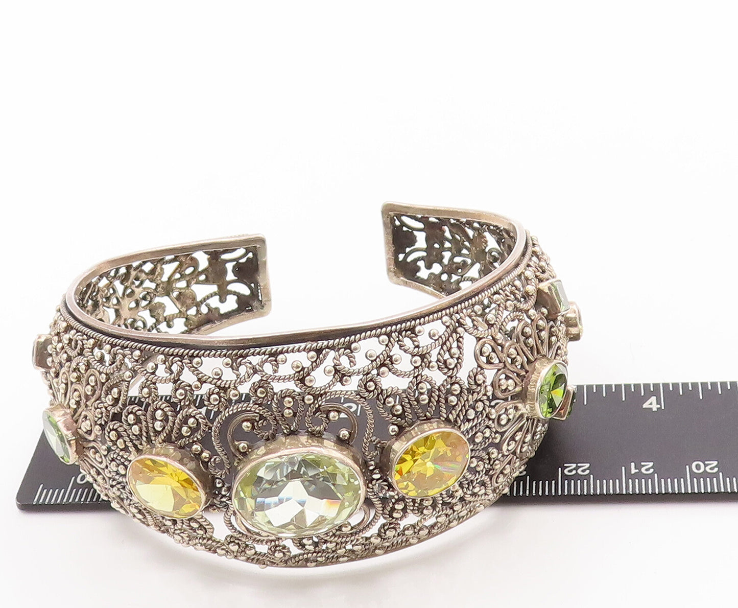 925 Sterling Silver Vintage Bracelet Floral Beaded Cutout Citrine Cuff  BT10556