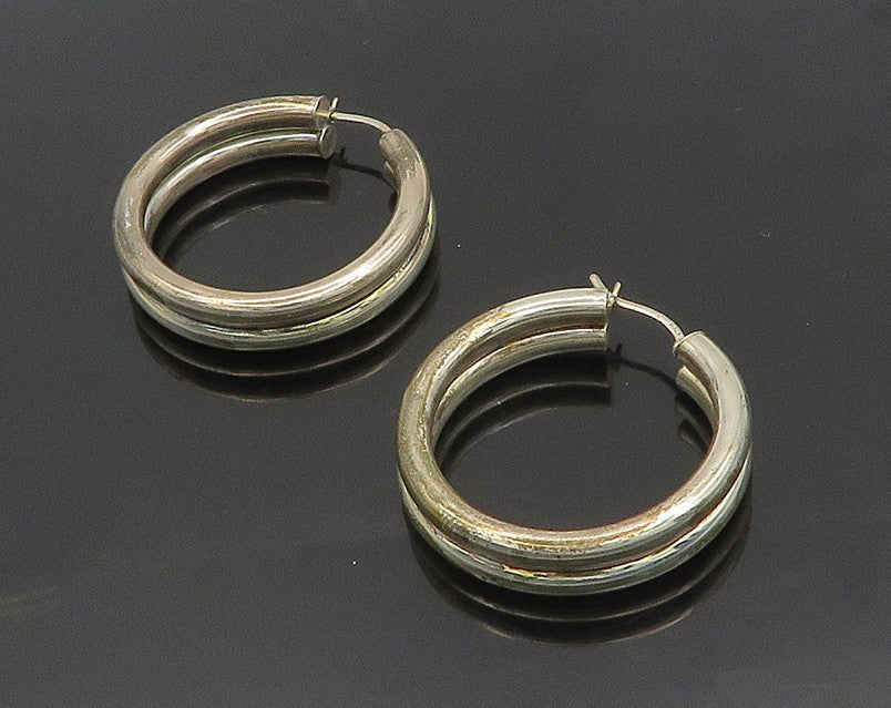 925 Sterling Silver Vintage Shiny Smooth Ribbed Round Hoop Earrings  EG9319