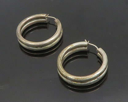 925 Sterling Silver Vintage Shiny Smooth Ribbed Round Hoop Earrings  EG9319