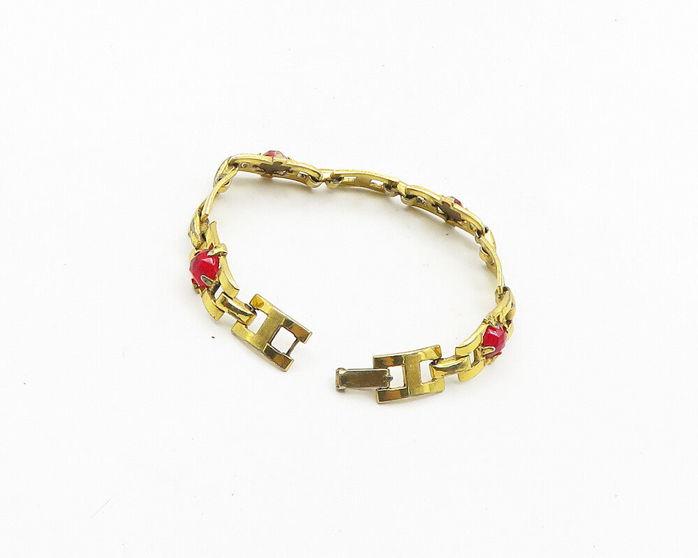 925 Sterling Silver  Vintage Red Topaz Gold Plated Chain Bracelet  BT7444