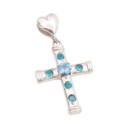 925 Sterling Silver Vintage Pendant Blue Topaz Religious Cross & Heart  PT24914