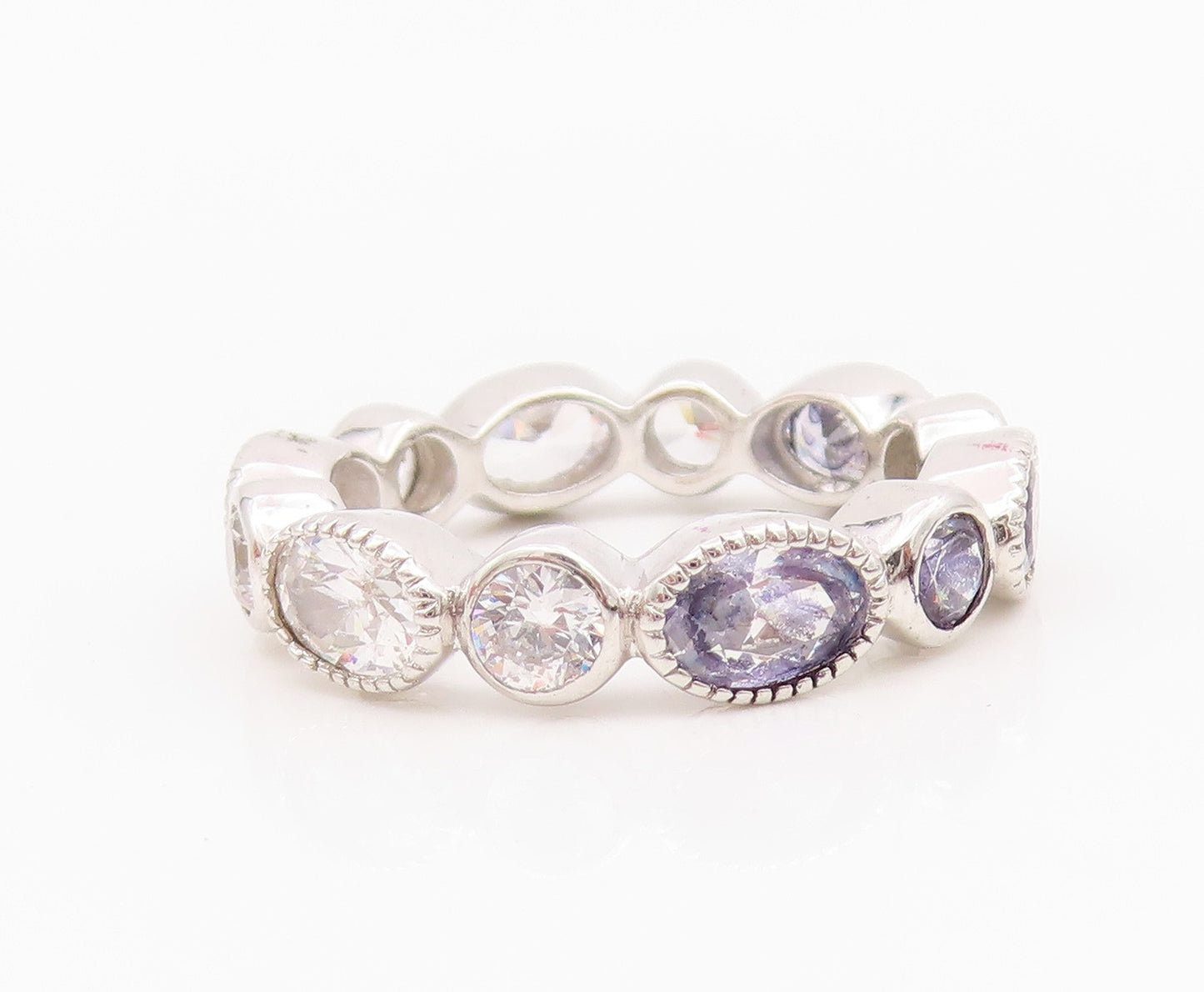 925 Sterling Silver Vintage Ring Round & Oval Cut Amethyst & CZ  Sz 7  RG33032
