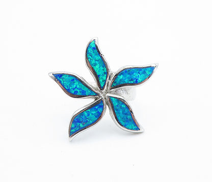 925 Sterling Silver  Inlaid Blue Fire Opal Flower Cocktail Ring Sz 6  RG7815