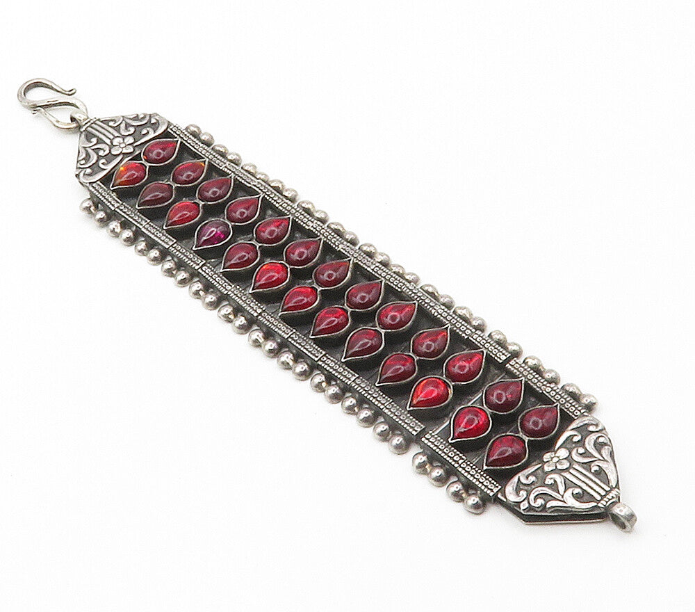 925 Sterling Silver  Vintage Garnet Floral Detail Hinge Chain Bracelet  BT5976