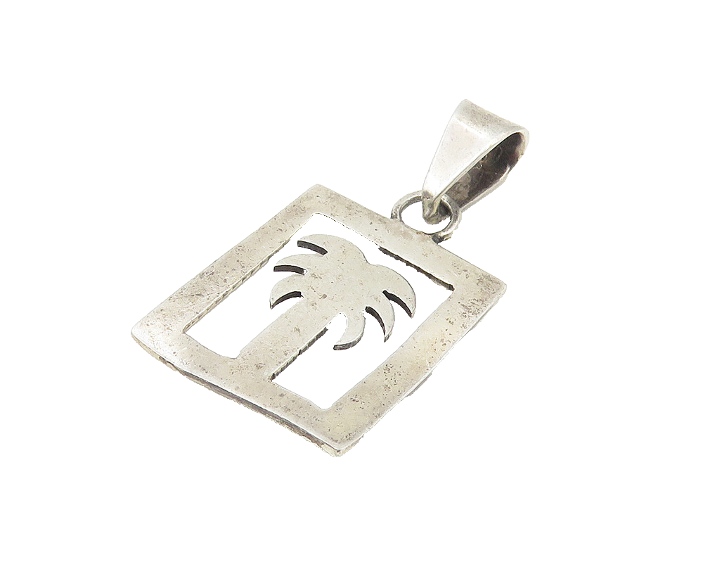 925 Sterling Silver  Vintage Dark Tone Cutout Palm Tree Square Pendant  PT8524