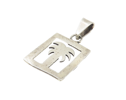 925 Sterling Silver  Vintage Dark Tone Cutout Palm Tree Square Pendant  PT8524