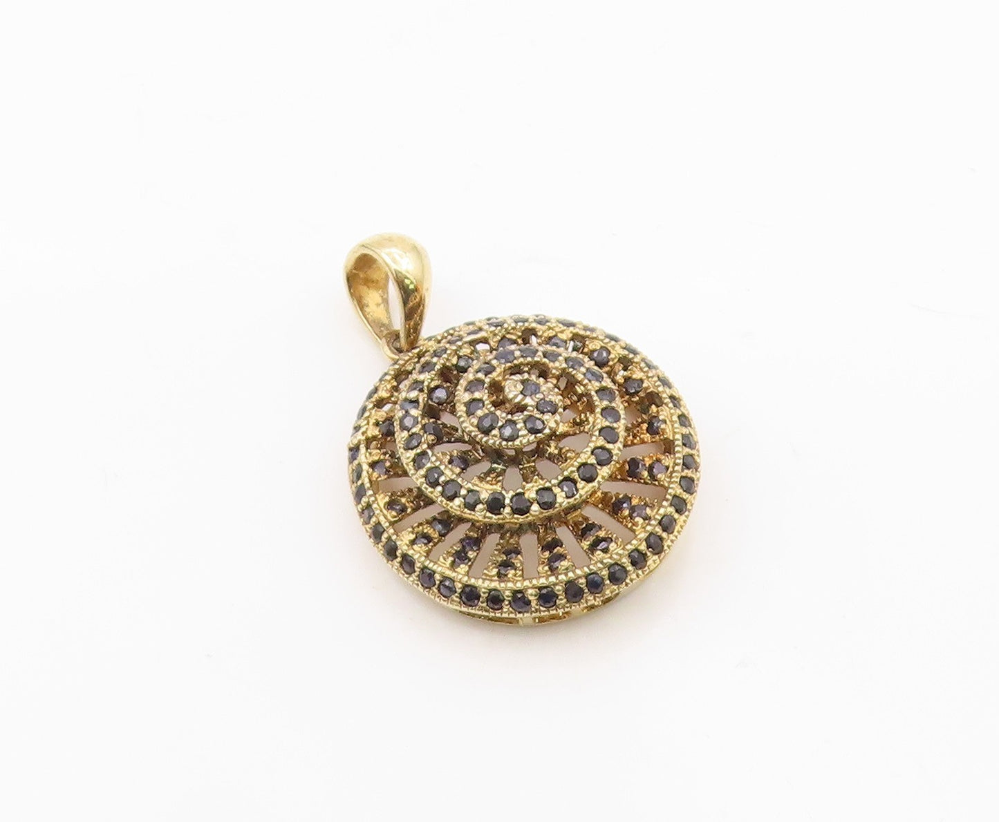 925 Sterling Silver  Vintage Black Spinel Gold Plated Spiral Pendant  PT19548