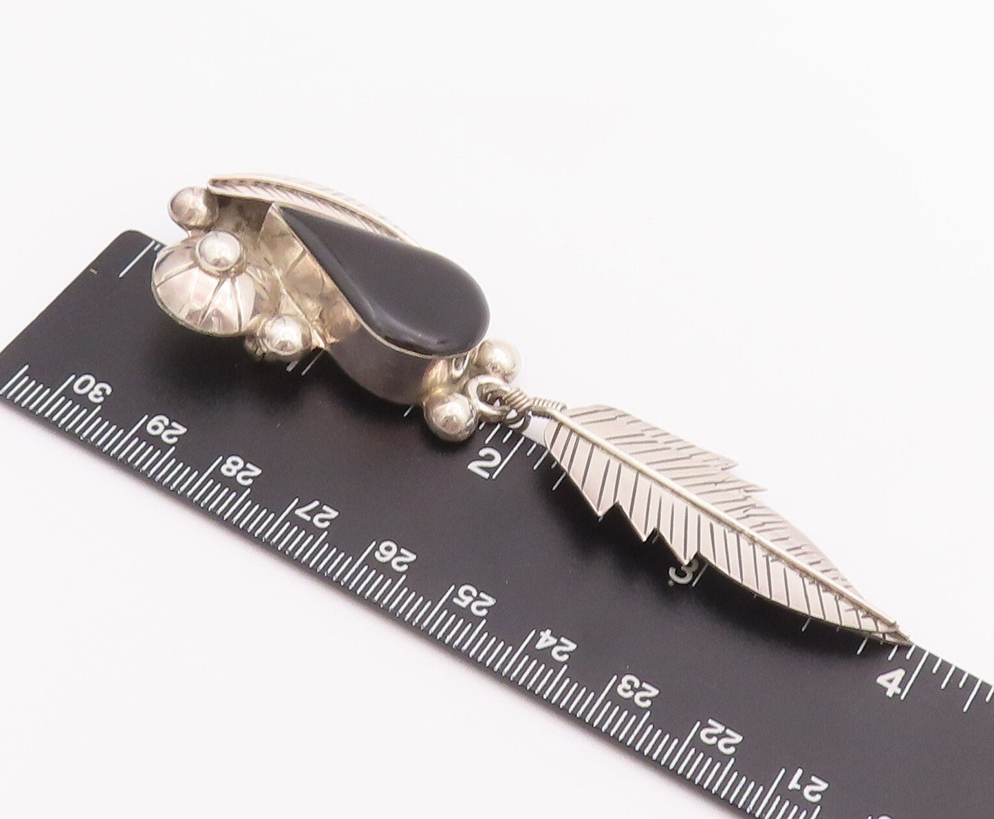925 Sterling Silver Vintage Brooch Pin MEXICO Drop Cut Onyx Carved Leaf  BP10745