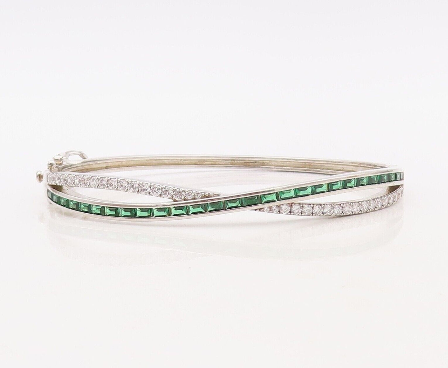 925 Sterling Silver Vintage Bracelet X Cutout Green & White Topaz Bands  BT10717