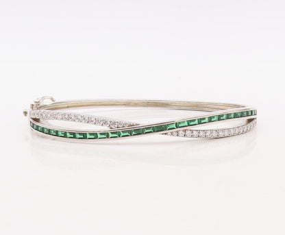 925 Sterling Silver Vintage Bracelet X Cutout Green & White Topaz Bands  BT10717
