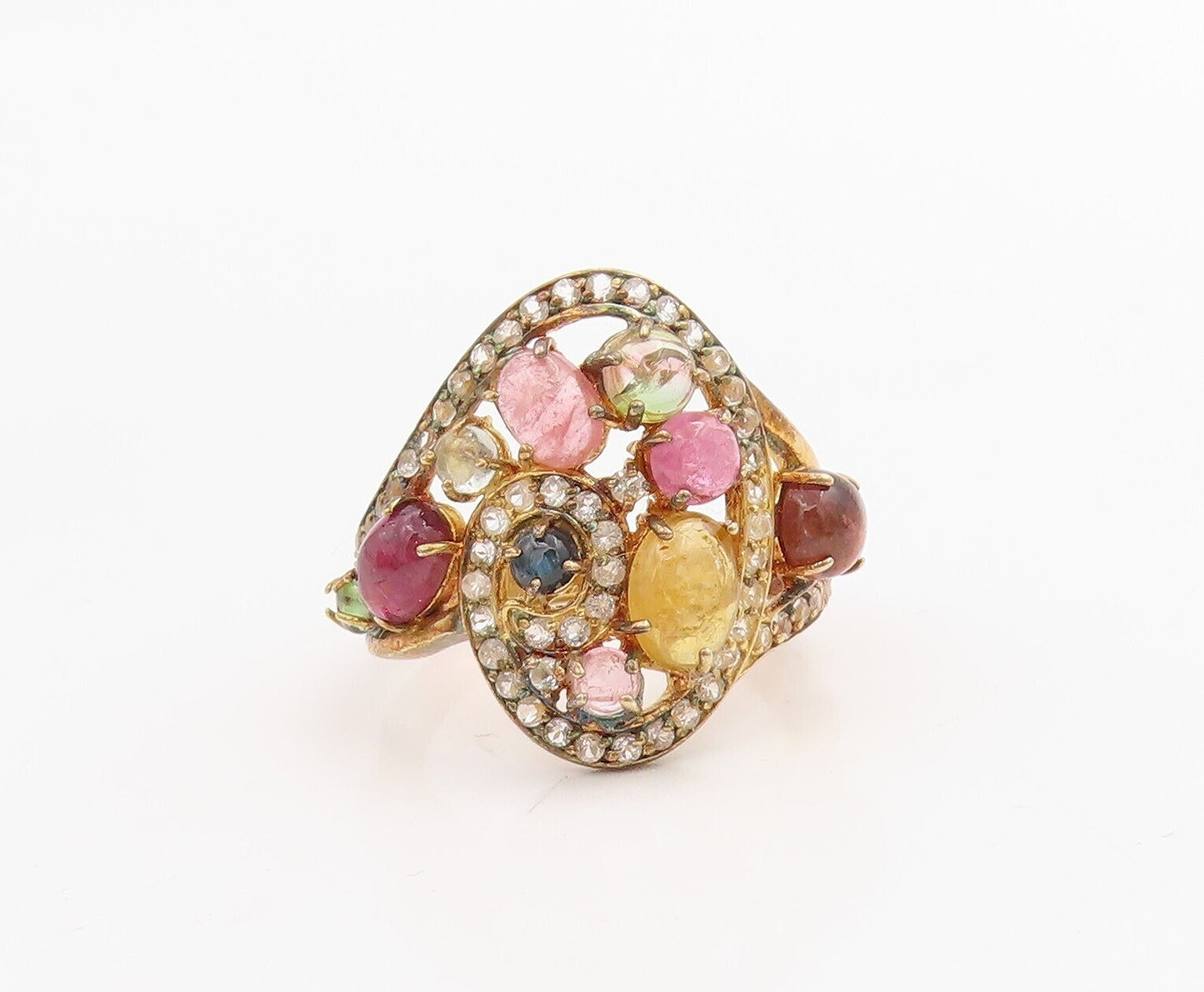 925 Sterling Silver Vintage Ring Gold Plated Cabochon Gemstone  Sz 8  RG30720