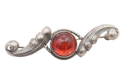 POLAND 925 Sterling Silver  Vintage Cabochon Amber Swirl Brooch Pin  BP9318
