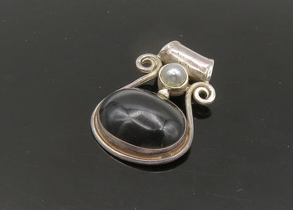 925 Sterling Silver  Vintage Cabochon Black Onyx & Pearl Swirl Pendant PT17711