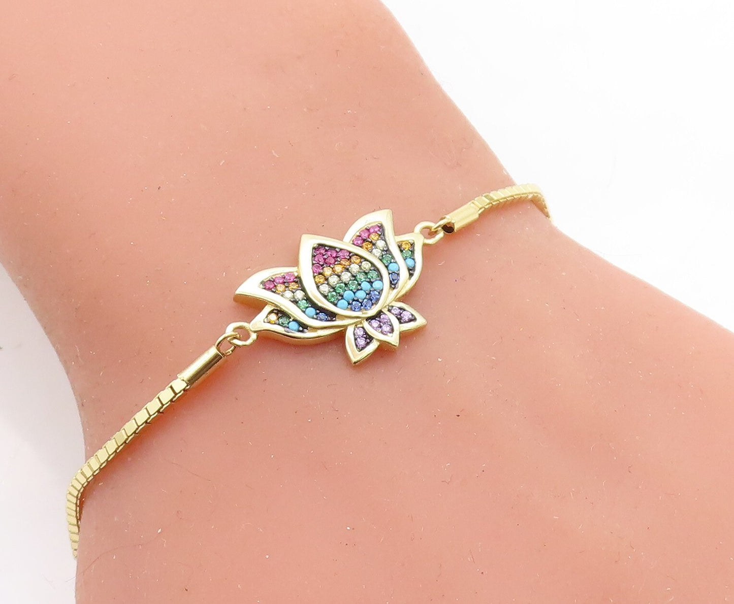 925 Sterling Silver Multi Color Topaz Gold Plated Chain Bracelet BT2168