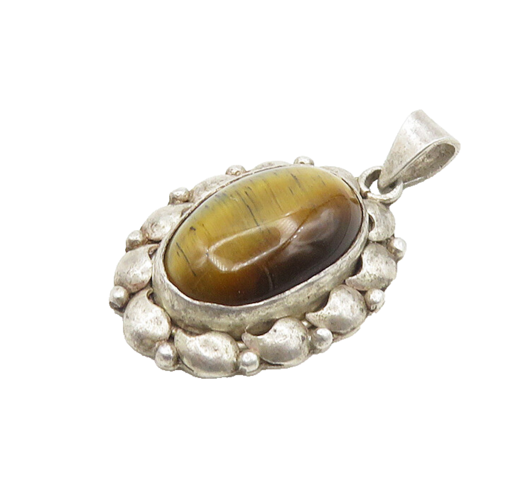 925 Sterling Silver  Vintage Cabochon Cut Tiger's Eye Oval Pendant  PT14371