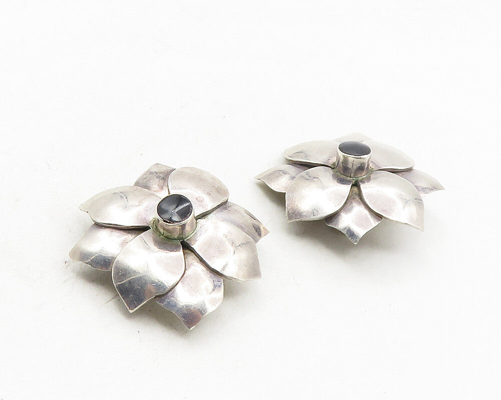 MEXICO 925 Silver  Vintage Black Onyx Flower Motif Non Pierce Earrings  EG5335