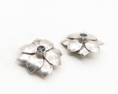 MEXICO 925 Silver  Vintage Black Onyx Flower Motif Non Pierce Earrings  EG5335