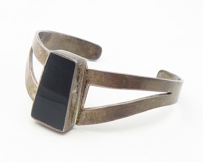 MEXICO 925 Silver  Vintage Black Onyx Cutout Dark Tone Cuff Bracelet  BT4629