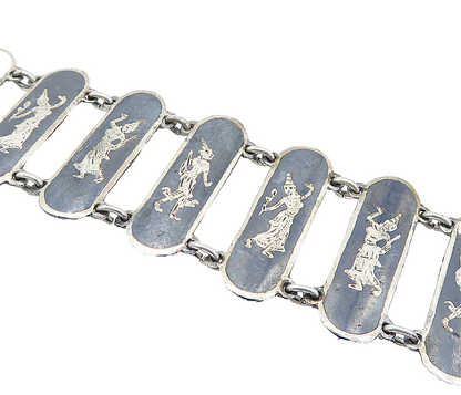 SIAM 925 Sterling Silver  Vintage Black Niello Dancer Chain Bracelet  BT2692