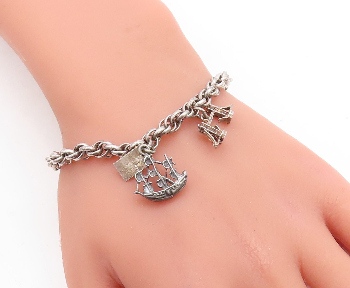 POST BELL TRADING 925 Silver  Vintage Charmed Twist Link Chain Bracelet BT1839