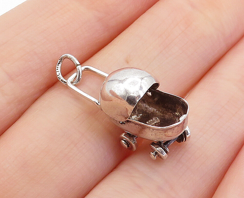 925 Sterling Silver  Vintage Shiny Petite Baby Carriage Motif Pendant  PT5278