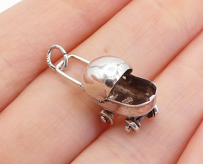 925 Sterling Silver  Vintage Shiny Petite Baby Carriage Motif Pendant  PT5278