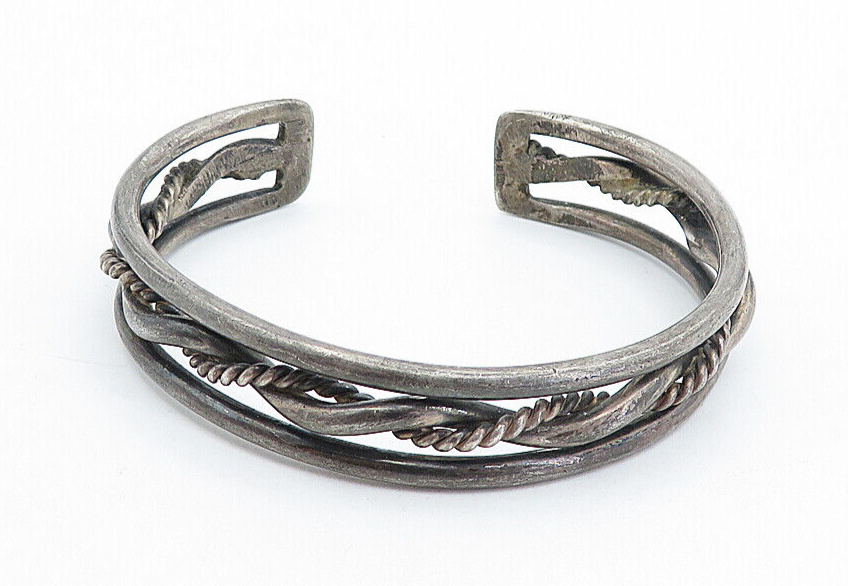 925 Sterling Silver  Vintage Antique Oxidized Rope Twist Cuff Bracelet  BT1753
