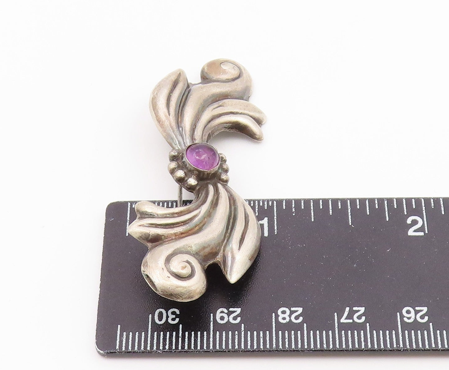 925 Sterling Silver  Vintage Cabochon Amethyst Swirl Bow Brooch Pin  BP8127