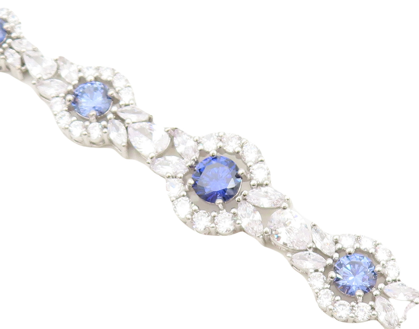 925 Sterling Silver Vintage Bracelet Cutout Floral Inlay Blue & White CZ BT10740