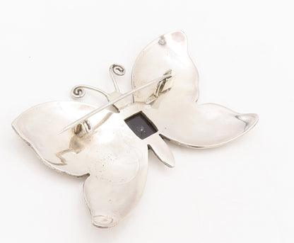 925 Sterling Silver  Vintage Lab Spinel Onyx Butterfly Brooch Pin  BP10518