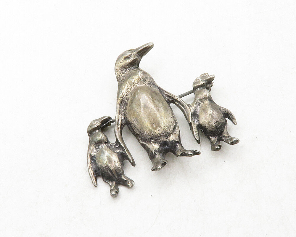 925 Sterling Silver  Vintage Antique Penguin Family Animal Brooch Pin  BP4820