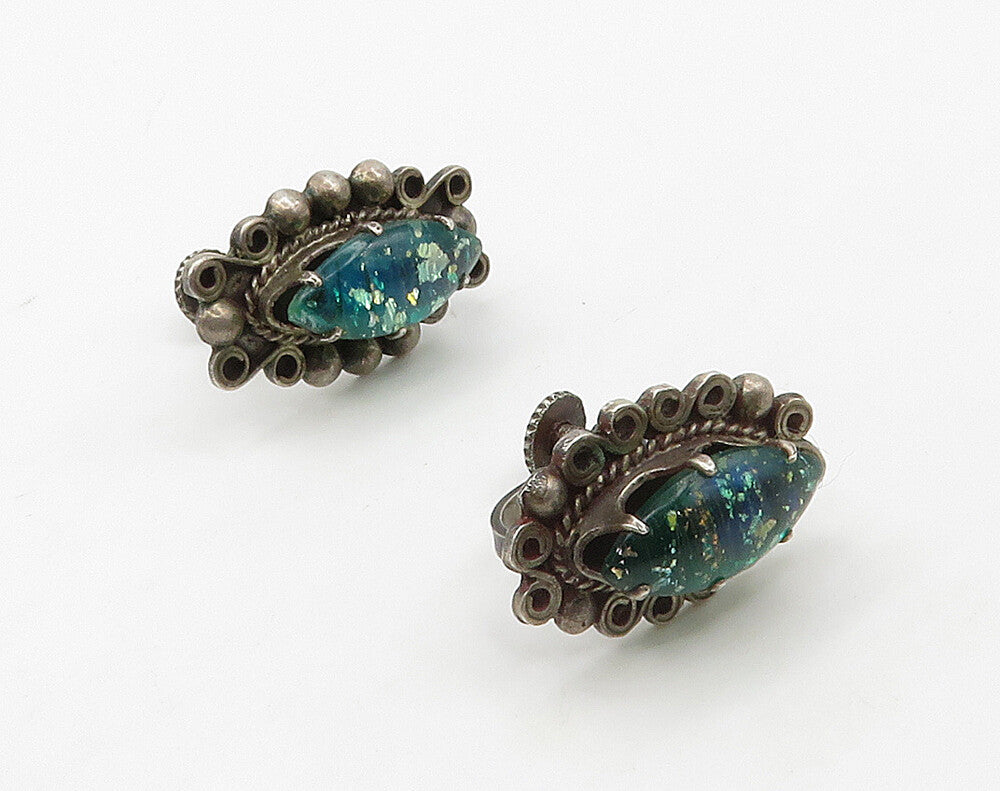 MEXICO 925 Silver  Vintage  Dichroic Glass Swirl Non Pierce Earrings  EG8307